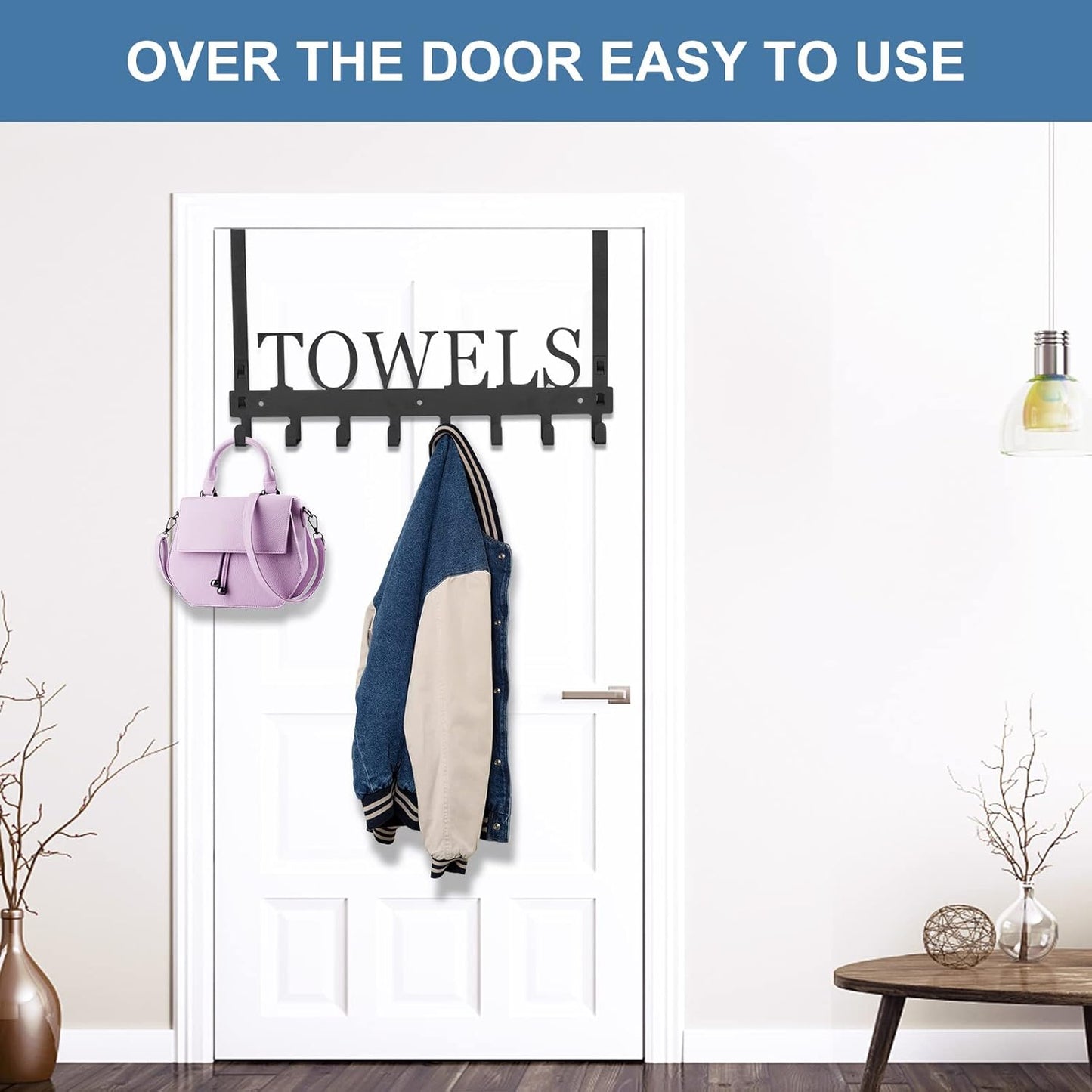 Over The Door Hooks, Towel Rack for Bathroom Towel Holder for Hanging Heavy Duty, Wall Mount Towel Hanger with 8 Hooks for Bedroom Bathroom Pool Kitchen Towels, Bag, Coats, Black