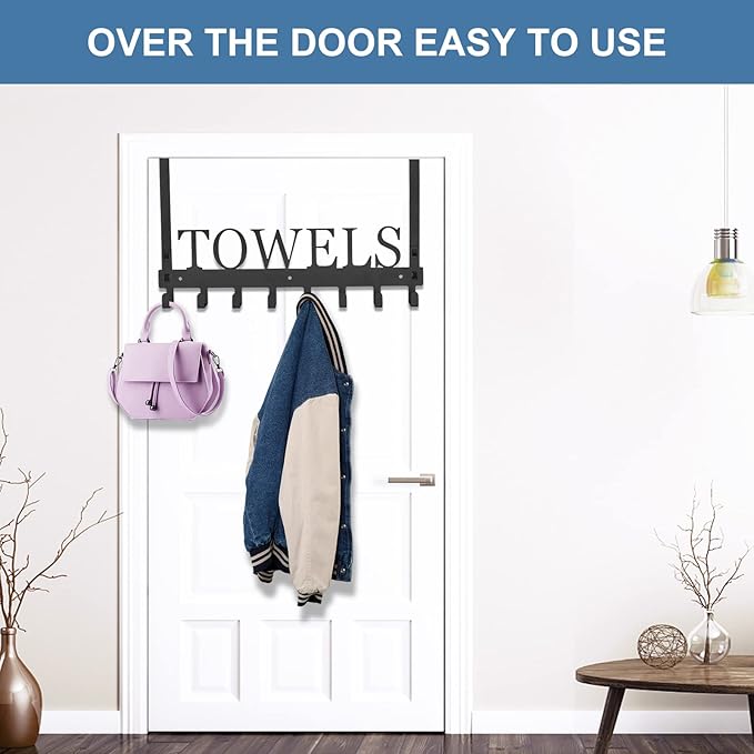 Over The Door Hooks, Towel Rack for Bathroom Towel Holder for Hanging Heavy Duty, Wall Mount Towel Hanger with 8 Hooks for Bedroom Bathroom Pool Kitchen Towels, Bag, Coats, Black