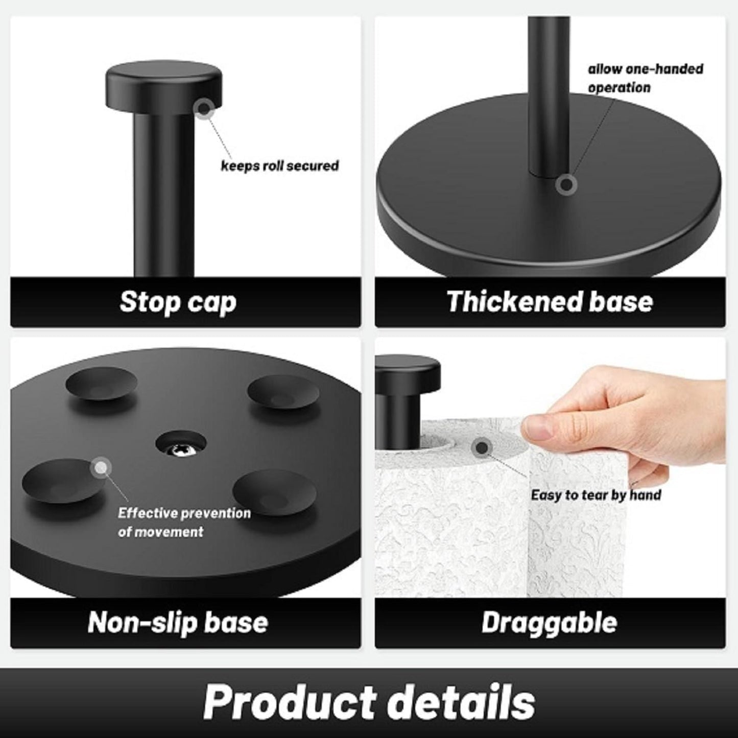 VEHHE Black Paper Towel Holder Countertop, Stainless Steel Paper Towel Holder Stand with Weighted Base Suction Cups for Kitchen Bathroom