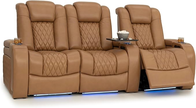 Seatcraft Diamante Zero-Gravity CoolZero Italian Leather Home Theater Seating, Power Headrest, Power Recline, Row of 3 Left Loveseat, Tan Oak