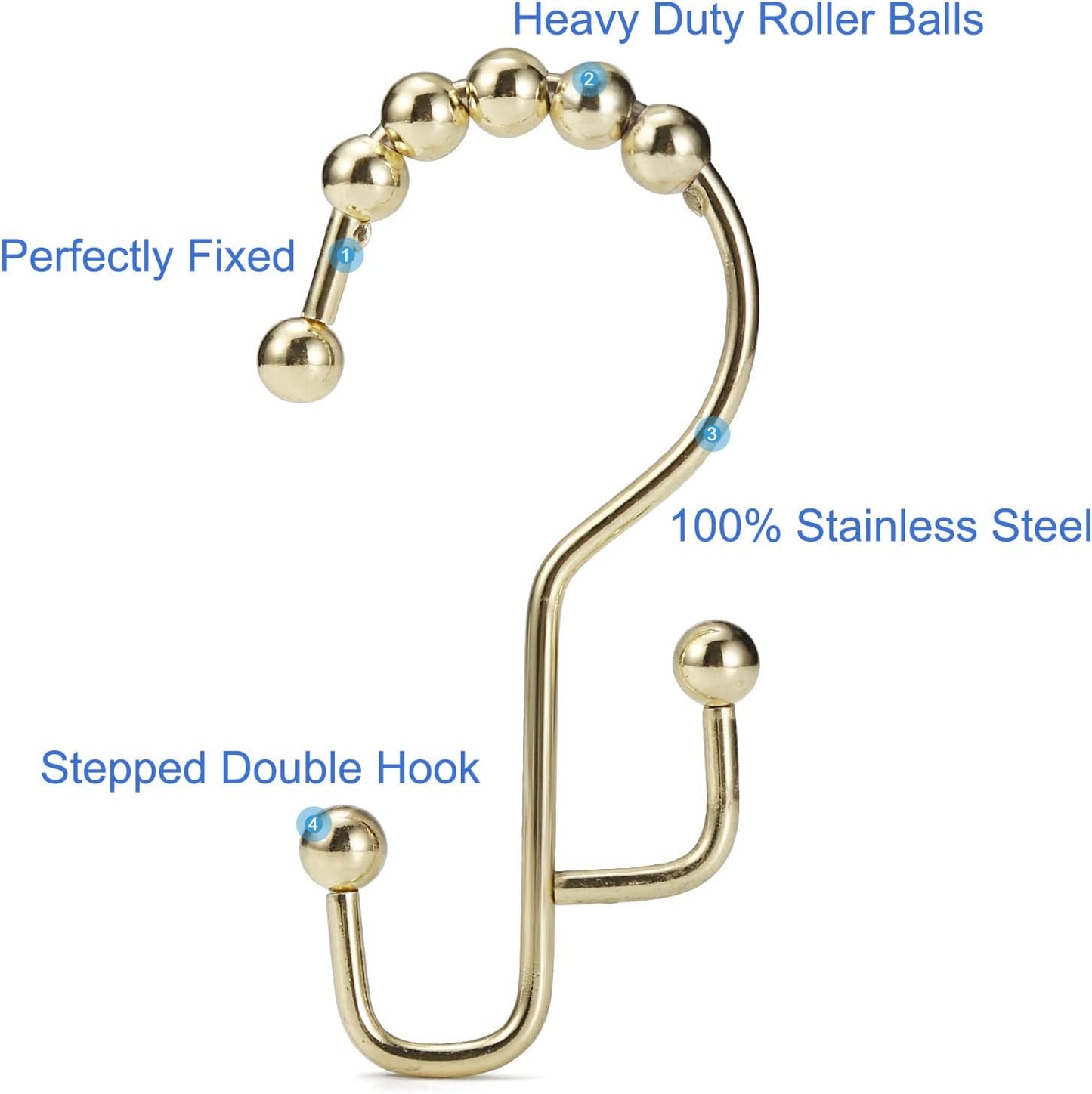 Shower Curtain Rings, SUTINE Shower Curtain Hooks, Stainless Steel Gold Shower Curtain Hooks Rust Proof, Easy Sliding Double Shower Hooks for Shower Curtains, Curtain & Liners, 12pcs-Gold