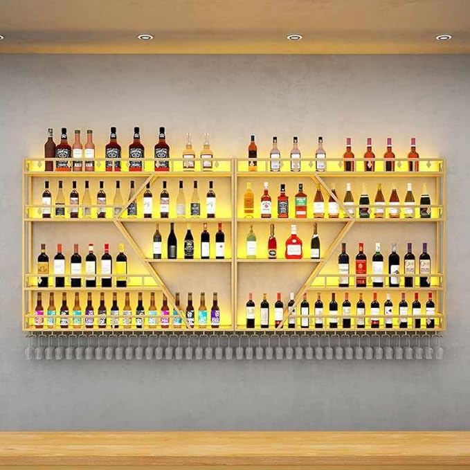 63in Wall Mounted Wine Rack, Large Metal Wine Bottle Holder,4 Tier Modern Fashion Diamond Shaped Floating Bar Unit Wine Storage Shelves, for Home Restaurant Bars Decor (Gold, 4 Tier - 63in)