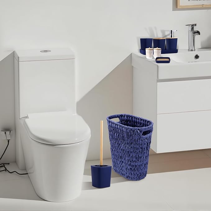 Navy Blue Bathroom Accessories Set with Wicker Trash Can Shower Curtain and Rugs,Bathroom Sets Small Waste Basket Bathroom Trash Can for Bedroom Bathroom