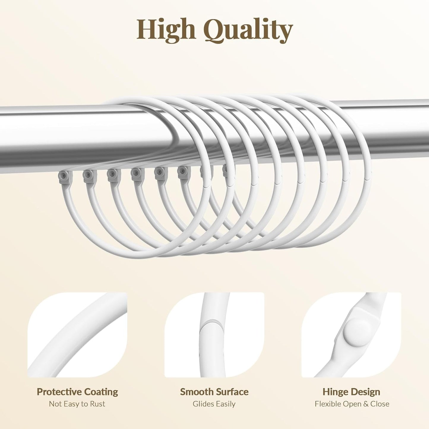 Anti-Drop Shower Rings, 12 Pcs Metal Rings for Curtain Rod, Rust Proof, White