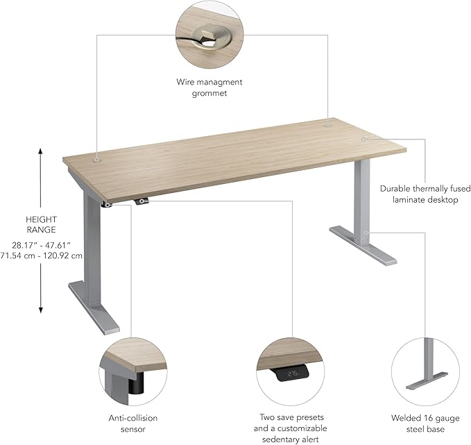 Bush Business Furniture Move 40 Series 72W x 30D Electric in Natural Elm with Silver Base, Ergonomic Sit-Stand Computer Table for Home and Professional Office