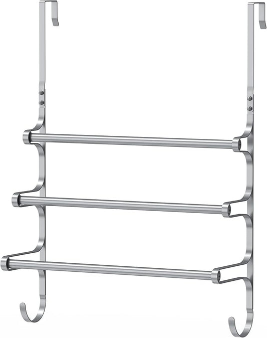 Over The Door Towel Rack, Over Door Towel Rack for Bathroom Door, Triple Towel Storage Holder with Hooks (Silver Gray, 17.32" L)