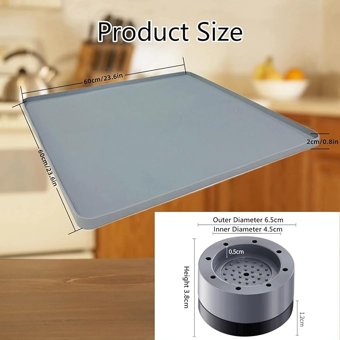 Mini Fridge Silicone Mat with Raised Edges, 24" x 24" x 0.8" Mini Fridge Drip Tray With 4 Base Raisers, Mini Refrigerator Carpets Floor Protector (Black)
