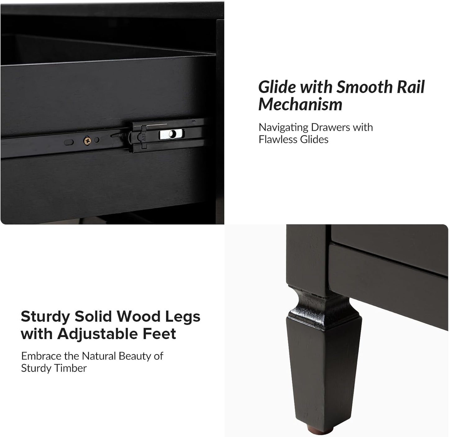 HULALA HOME Large Farmhouse Nightstand with Charging Station, Mid-Century Modern 2 Drawer Dresser, Bedside Table with Pull Out Shelf and Hidden Storage Space for Bedroom, Black