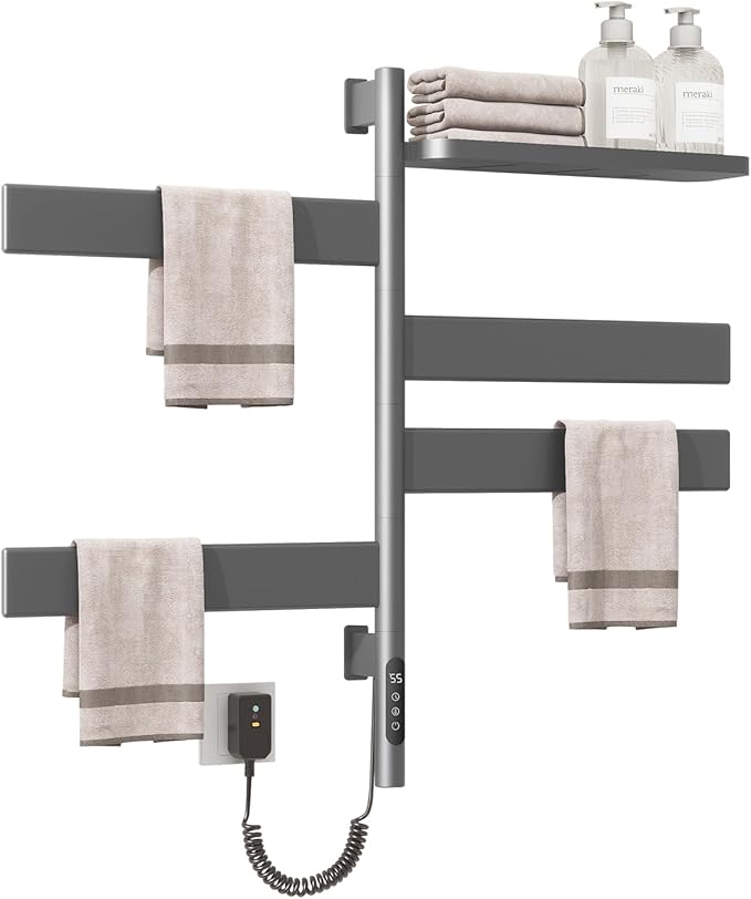 Swivel Heated Towel Rack, Wall Mounted Electric Towel Warmer Rack for Bathroom, 4 Square Bars Swivelable Towel Dryer with Tray, Towel Heater with Built-in Timer, for bathroom,Salons&Spas(G69-Gun Gray)