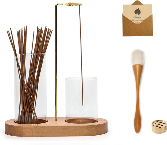 2 in 1 Glass Incense Holder for Sticks with 9-Hole Upright Burner, Ash Catcher, Cleaning Brush & Greeting Card, Meditation & Yoga Accessories,Gift for Home Decor (Light Base)