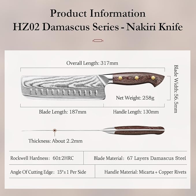 HEZHEN Nakiri Knife,7.4 Inches, 67 Layers Damascus Steel Japanese Vegetable Knife for Professional Chefs and Home, Micarta Handle,Gift Ready