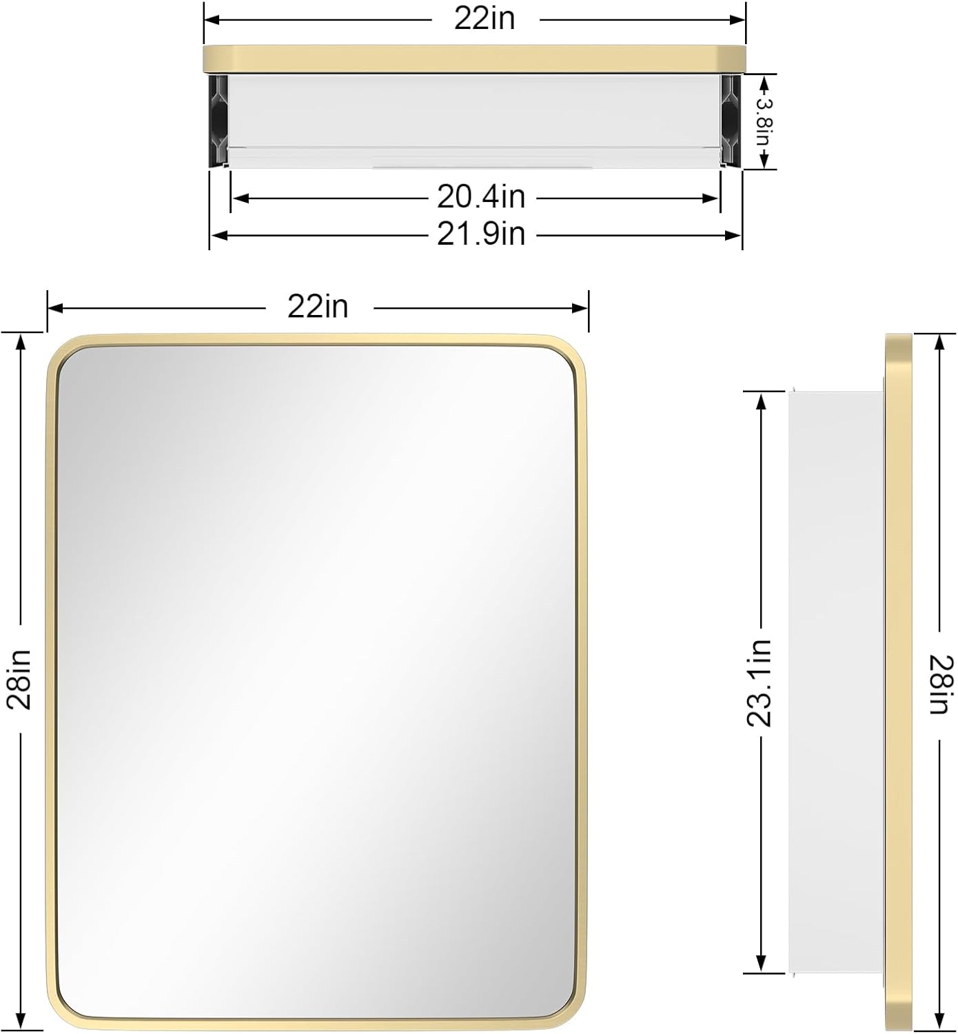 HOMECOOKIN Farmhouse Gold Metal Framed Recessed Bathroom Medicine Cabinet with Beveled Mirror Rounded Rectangle Bathroom Medicine Cabinet 22x28 inch