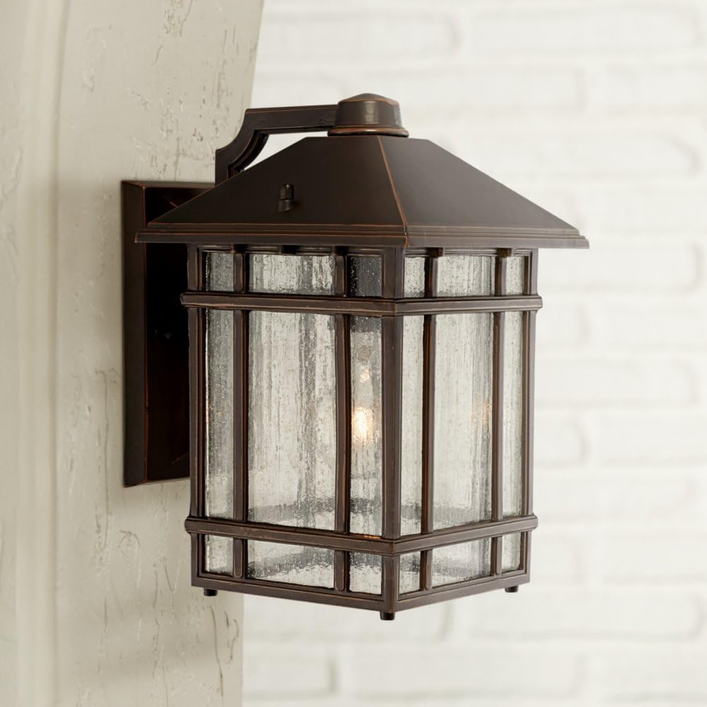 kathy ireland Sierra Craftsman Art Deco Outdoor Wall Light Fixture Rubbed Bronze Brown Steel 11" Frosted Seeded Glass Panels for Exterior House Porch Patio Outside Deck Garage Front Door Home