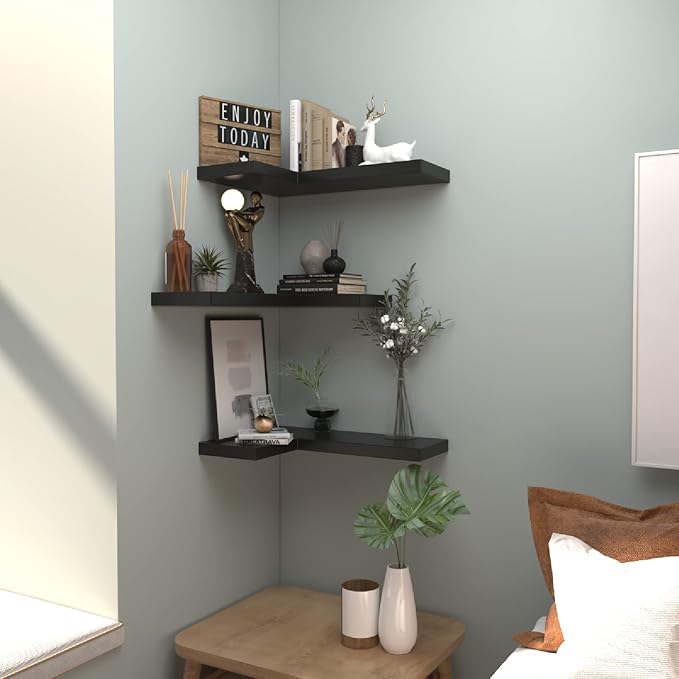 NATURE'S SOURCE Corner Floating Shelves with Invisible Brackets, Corner Shelves Wall Mounted Set of 3, Bedroom Bathroom Kitchen Living Room Office- Gothic Style 16.6" x 6" (Black)