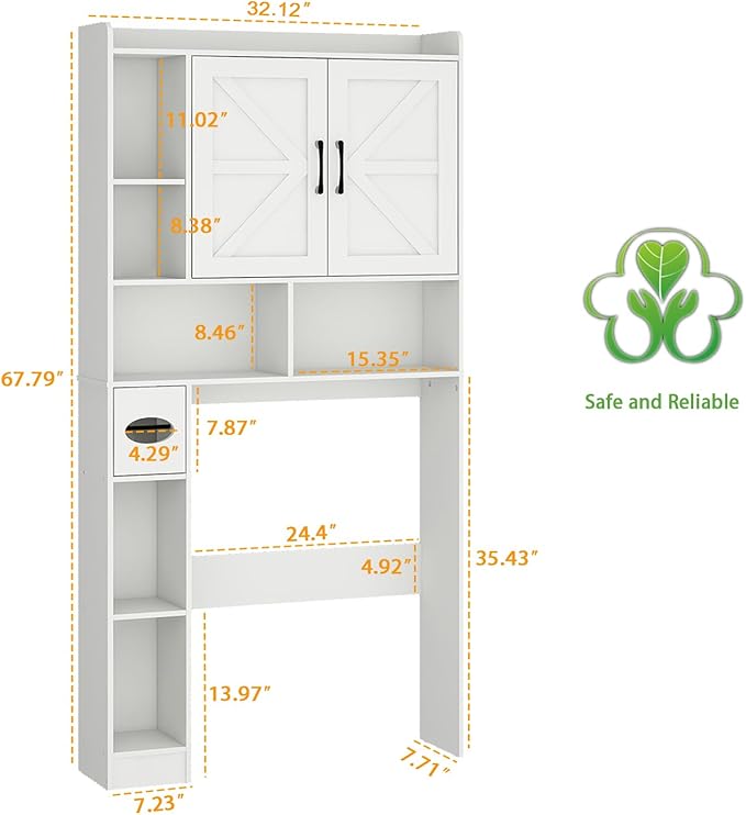 Over The Toilet Storage Cabinet, Farmhouse Storage Cabinet Over Toilet with 2 Barn Door & Toilet Paper Holder Stand, Home Space-Saving Rack, for Bathroom, Restroom (White).