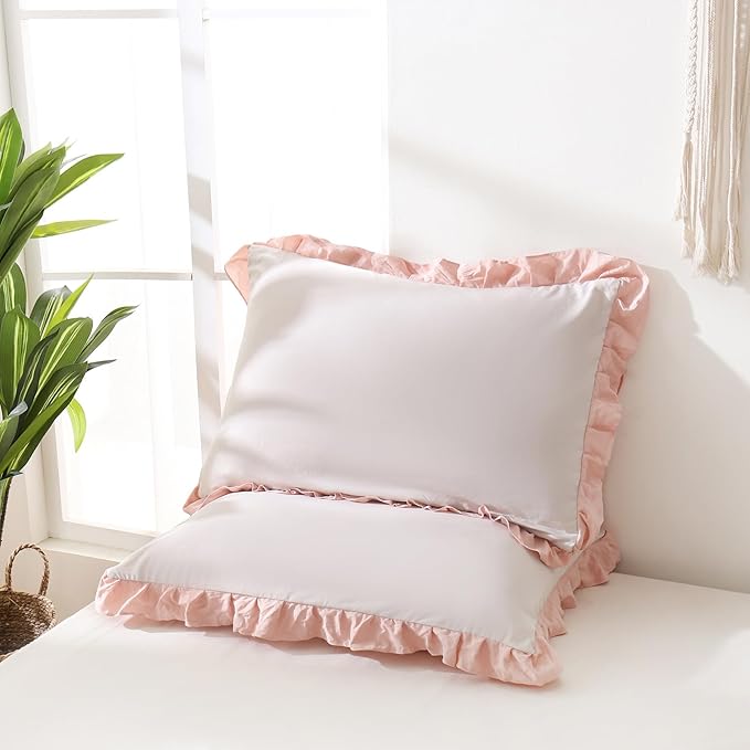 Merryword Pink and Beige Reversible King Pillow Shams - Cute Ruffled Pillowcases Set of 2, Soft Shabby Chic Cover (20"x36")