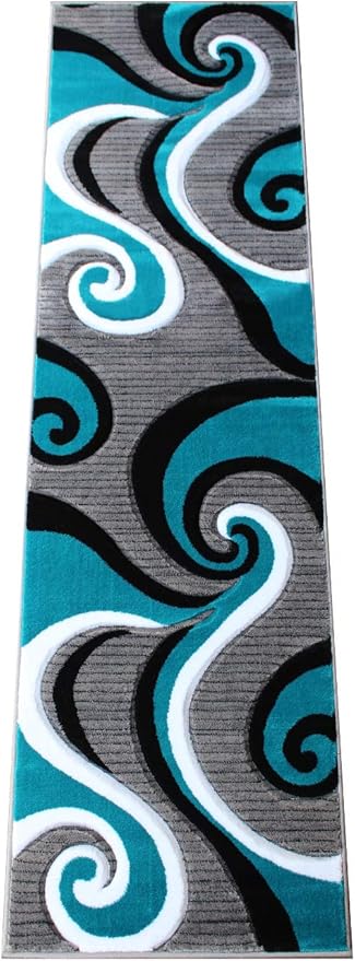 Masada Rugs, Sophia Collection Hand Carved Area Rug Modern Contemporary Turquoise White Grey Black (2 Feet X 7 Feet 3 Inch) Runner