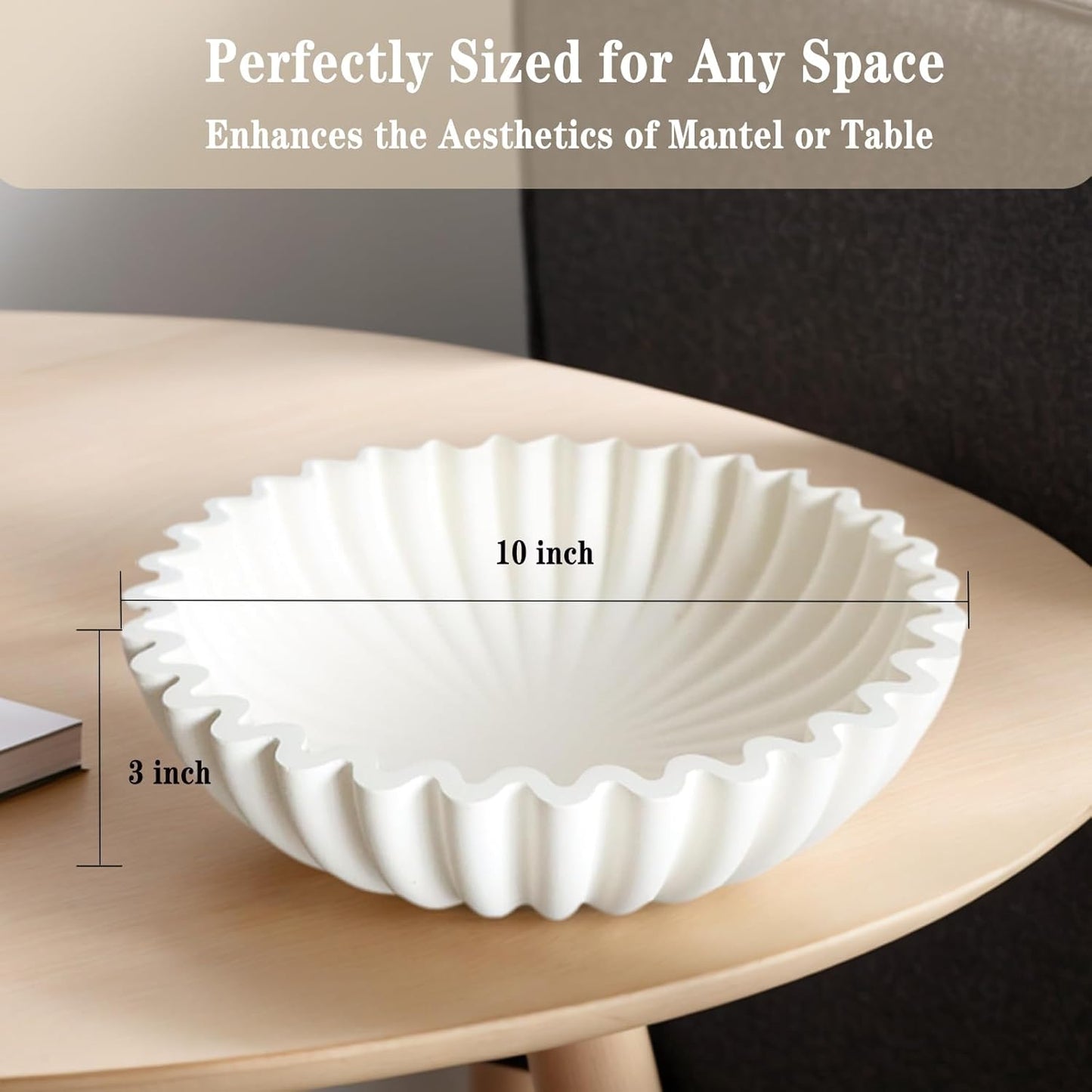 Decorative Bowl for Home Decor - White Large Decorative Fruit Bowls for Coffee Table - Scalloped Ruffle Centerpiece key Bowl for Entry Table - Morden Round 10" Aesthetic Decor