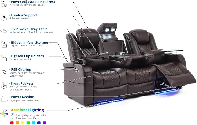 Home Theater Seating Seats, Movie Theater Chairs Theater Recliner with 7 Colors Ambient Lighting, Lumbar Pillow, Touch Reading Lights, Tray Table