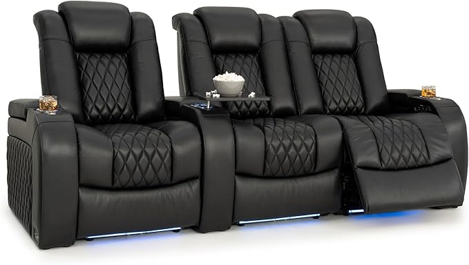 Seatcraft Diamante Zero-Gravity CoolZero Italian Leather Home Theater Seating, Power Headrest, Power Recline, Row of 3 Right Loveseat, Black