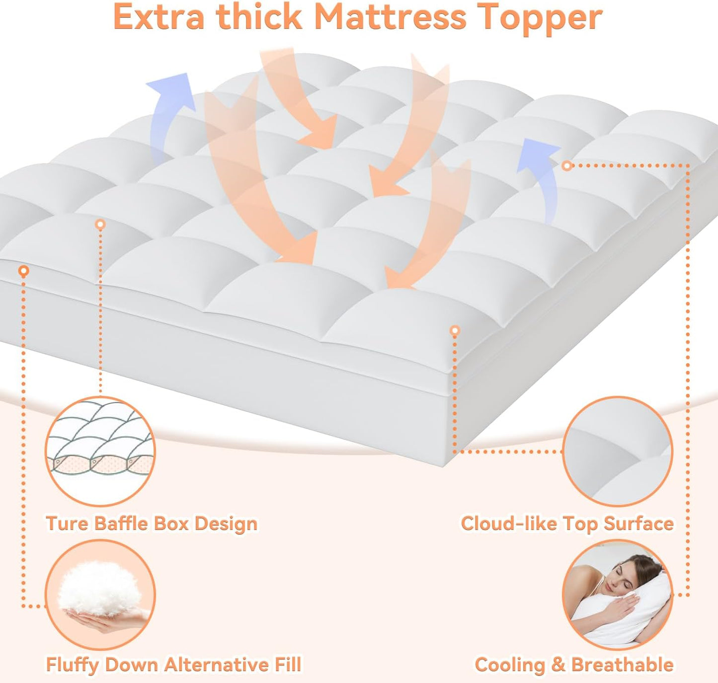 King Mattress Topper for Back Pain Relief, Extra Thick Pillow Top Plush Mattress Pad with Deep Pocket, Soft Pillowtop King Size Bed Toppers Filled Fluffy Down Alternative, White