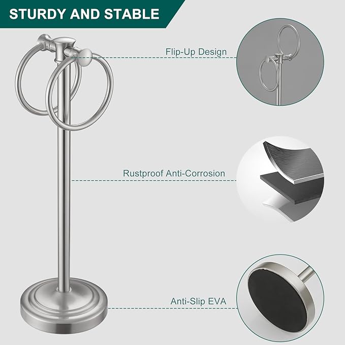 Hoimpro 17" Brushed Nickel Standing Towel Rack Bracket, Double Towel Ring Hand Towel Free Stand Holder Bathroom Hardware Accessories Set, Towel Bar for Bathroom Vanities and Kitchen Countertops