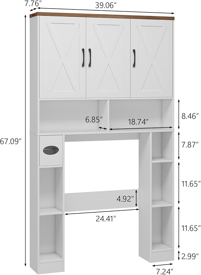 Over The Toilet Storage Cabinet, Farmhouse Toilet Cabinet Rack with 3 Barn Doors, Space Saving Bathroom Organizer with Shelves, Toilet Paper Holder and Towel Rack for Bathroom,Restroom,Laundry, White