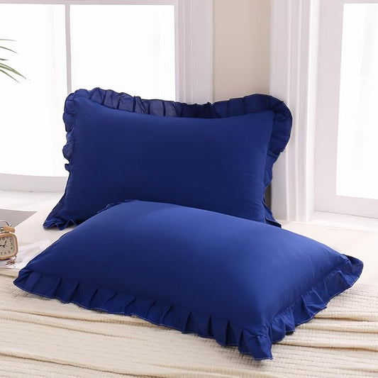 Merryword Navy Blue Pillow Shams Navy King Pillowcases Cute Pillow Cover Set of 2 Soft Shabby Chic Ruffled Pillowcases 2 Pack (King (20''x36''), Navy Blue)