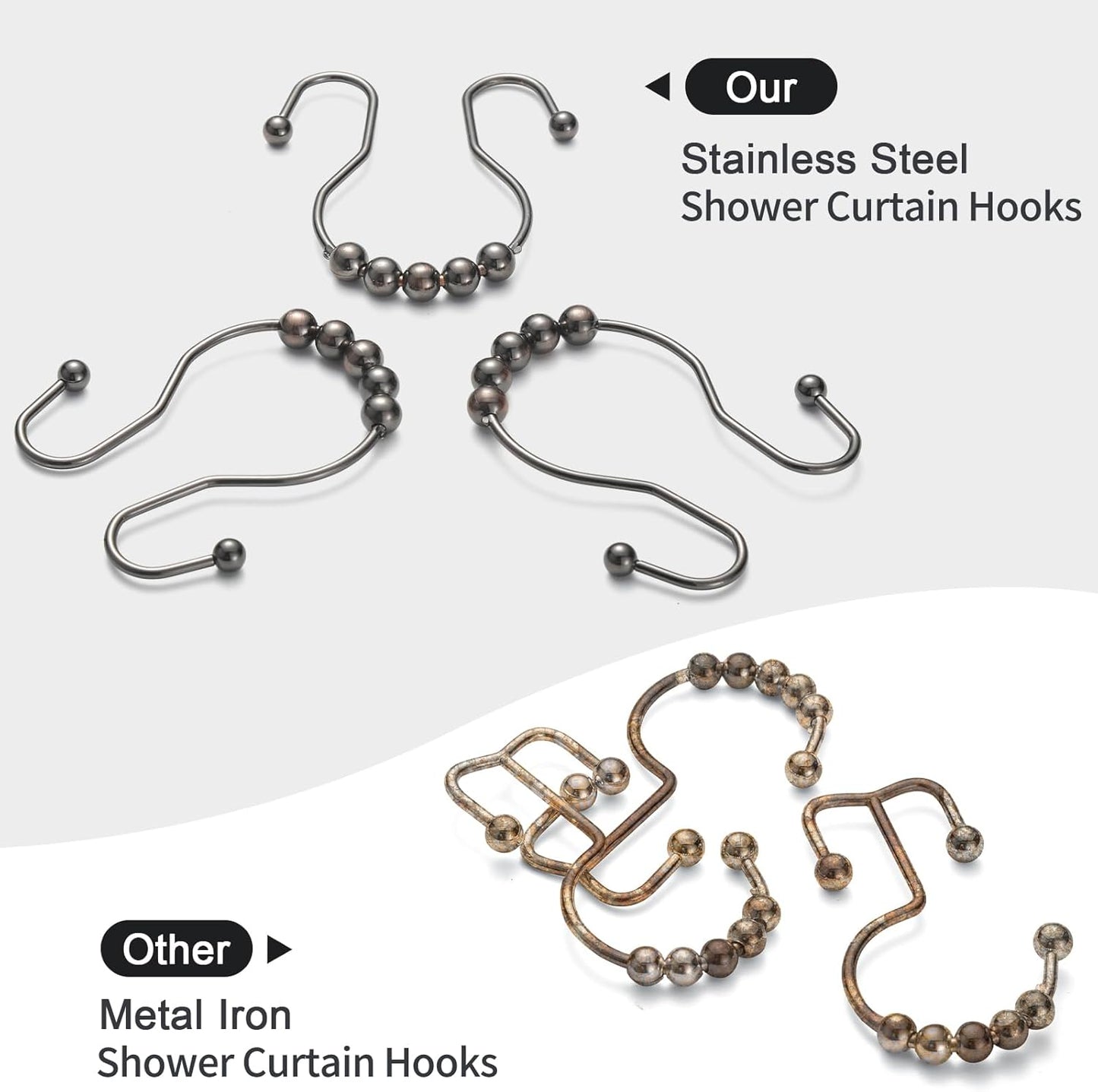 Goowin Shower Curtain Hooks, 12 Pcs Shower Curtain Rings, Stainless Steel Bronze Shower Curtain Hooks Rings Rust Proof, Balance Sliding Anti-Drop Double Shower Hooks for Shower Curtain Rod (Bronze)