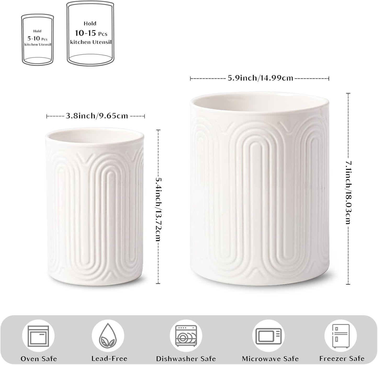 INSETLAN Ceramic Utensil Holder Set – 7.1" & 5.4" Kitchen Utensil Organizers for Countertop, Arch-Design Utensil Crocks for Farmhouse Decor & Kitchen Counter, Perfect Housewarming Gift