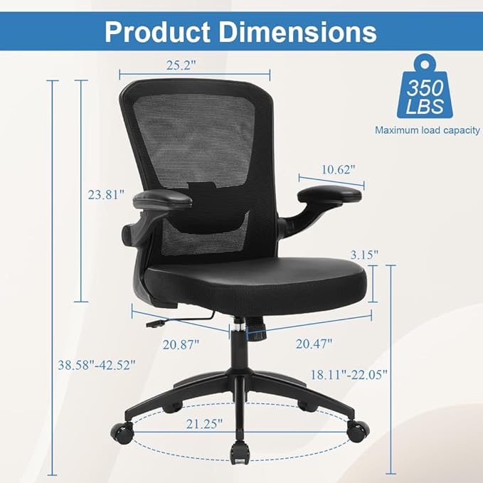 Ergonomic Office Chair 350lbs PU Leather Mesh Desk Chair with Lumbar Support, Flip-Up Arms, Swivel Wheels, Adjustable Height, Rolling Executive Computer Task Chair for Home Office,Black