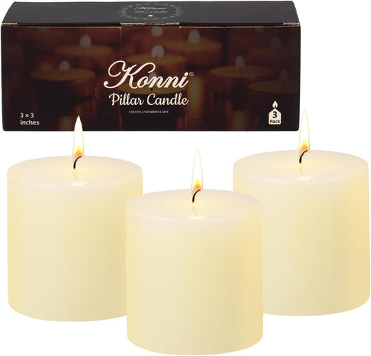 KONNI Ivory Pillar Candles Set of 3, 3"x 3" Unscented Pillar Candles Bulk, 30 Hours Long Burning Candles, Smokeless&Dripless Large Round Candle for Wedding, Home Decoration, Parties, Spas, Dinner