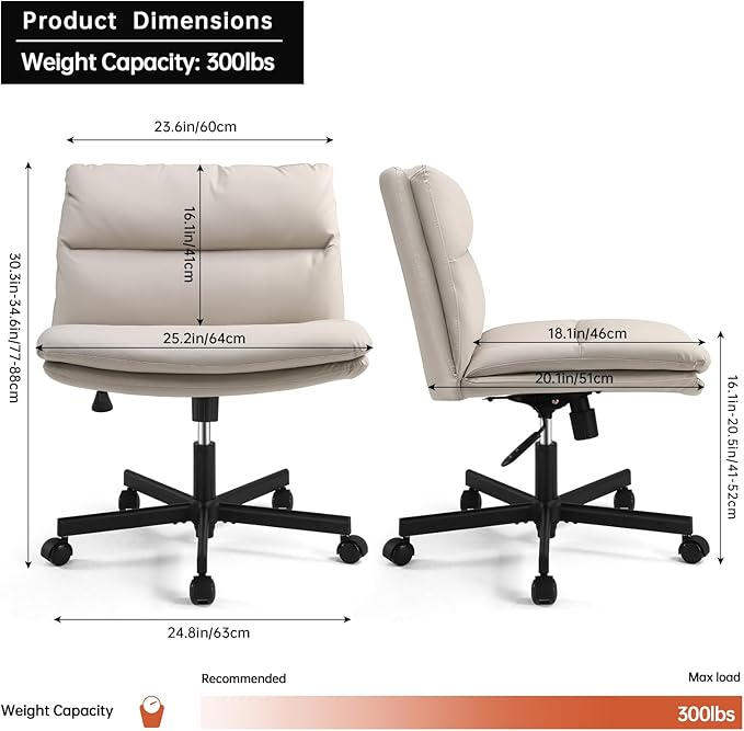 EMIAH Armless Office Desks Chair with Wheels PU-Padded Vanity Chair Mid-Back Ergonomic Home Office Computer Chair Comfortable Adjustable Swivel Task Chair with Thickened Cushion