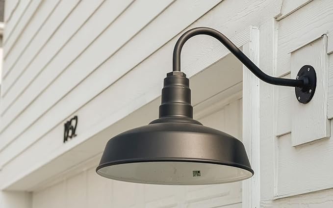 Steel Lighting Co. Gardena Barn Light | Outdoor Wall Mounted | 16" Dome | 11" Gooseneck | Farmhouse Light Made in America | Matte Black Exterior/Brass Interior