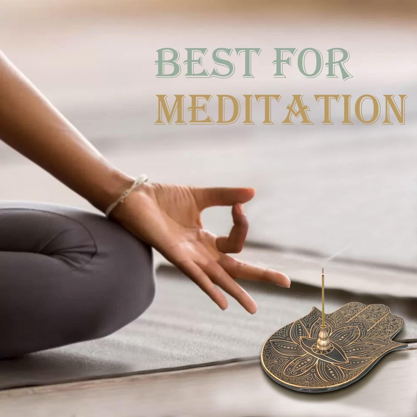 Ceramic Hamsa Hand Incense Holder - 2 in 1 Brass Incense Holder for Sticks and Coil Incense- Zen Decor with Hand of Fatima Design Protection from Evil - 6.2" L X 4.5" W (Black)