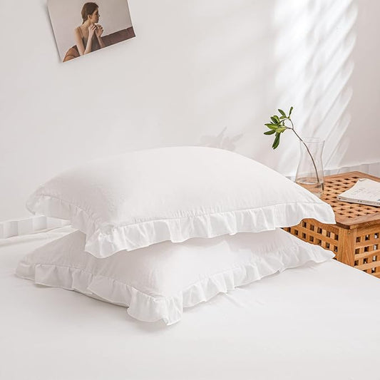 White Pillowcases, King Pillowcases Set of 2, Offwhite Ruffle Pillow Shams, Cute Pillow Covers 2 Pack (King (20''x36''), White)