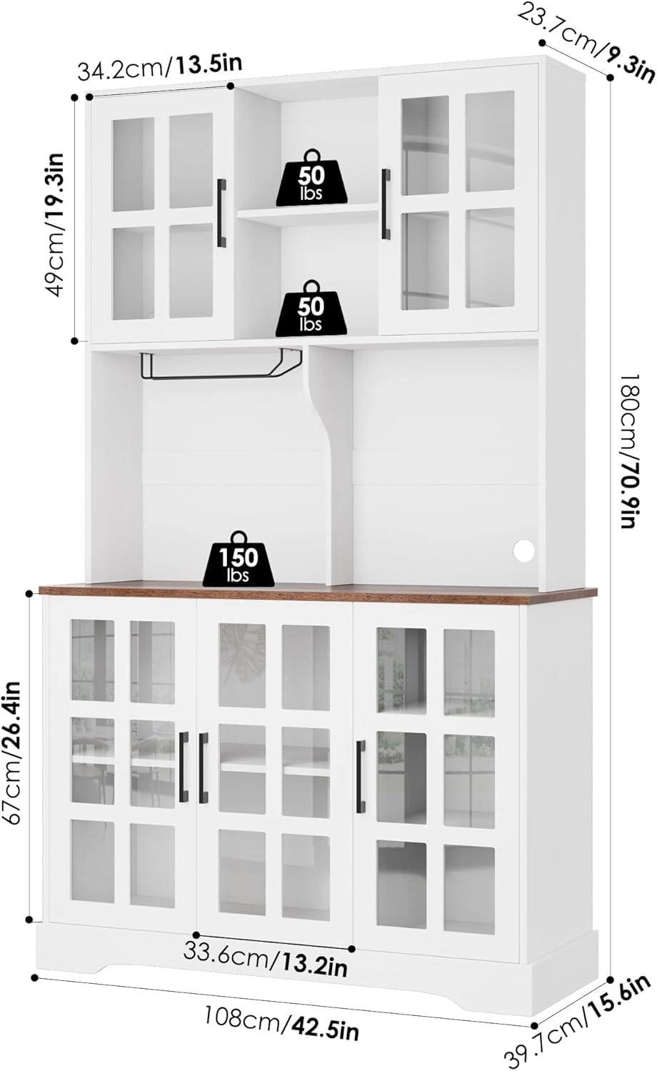 Keyluv Kitchen Pantry Storage Cabinet 71" Tall Freestanding Pantry Cabinet, Farmhouse Glass Door Buffet with Oven Countertop, Large Wood Hutch for Kitchen, Living Room and Dining Room, White