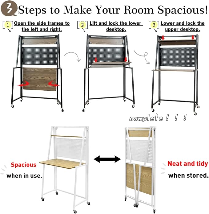 lumizone Folding Desk with Pegboard Collapsible Desk for Small Space 29" Home Office Desk No Assembly Required, Sturdy & Space-Saving, Folding Table, Slim Desk with Storage (Nature-White)