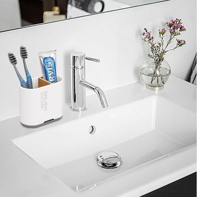 Toothbrush and Toothpaste Holder with Bamboo Divider for Bathroom Countertop Organizer, Detachable for Easy Clean, 2 Slots Electric Toothbrush Holders Storage Caddy Drainage for Family-White