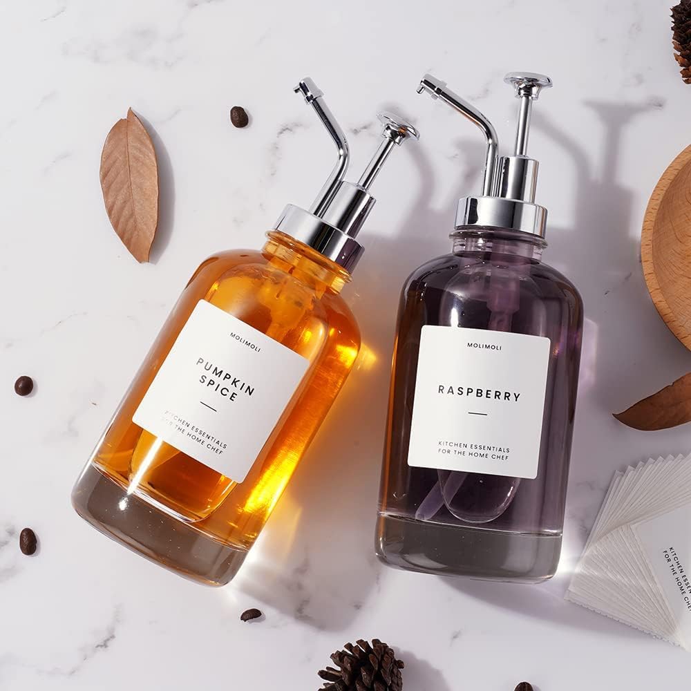 Molimoli Coffee Syrup Dispenser for Coffee Bar, Pump Dispenser, Glass Syrup Bottle w. Upgraded Pump, 16.9 oz 500 ml, Set of 2, Silver