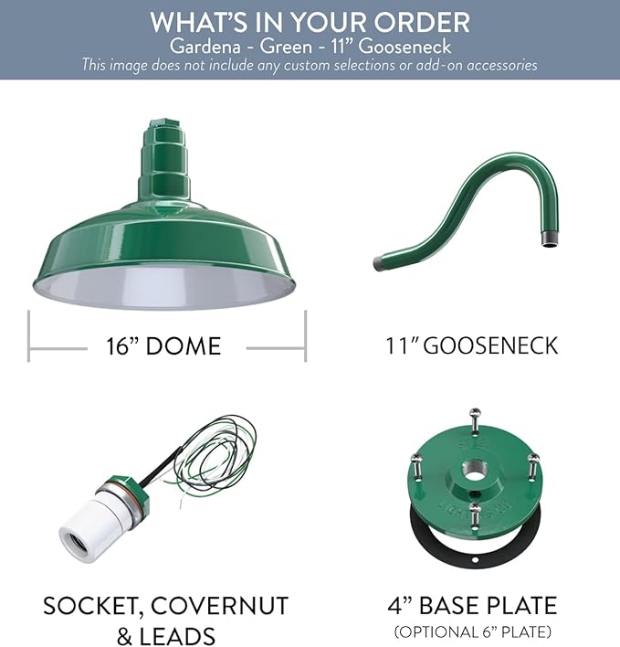 Steel Lighting Co. Gardena Barn Light | Outdoor Wall Mounted | 16" Dome | 11" Gooseneck | Farmhouse Light Made in America | Green Exterior/White Interior