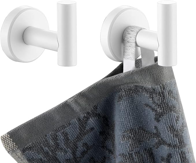 JQK Bathroom Towel Hook White, Coat Robe Clothes Hook for Bathroom Kitchen Garage Wall Mounted (2 Pack), 304 Stainless Steel 0.8mm Thicken, TH100-WH-P2