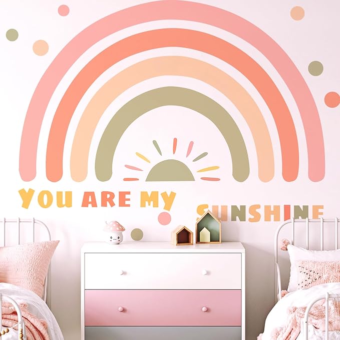 Large Rainbow Wall Decals, Sun Dots Peel and Stick Fabric Nursery Wall Decor, Removable Home Room Wall Decor Murals Stickers for Kids Girls Toddler Bedroom Living Room Playroom