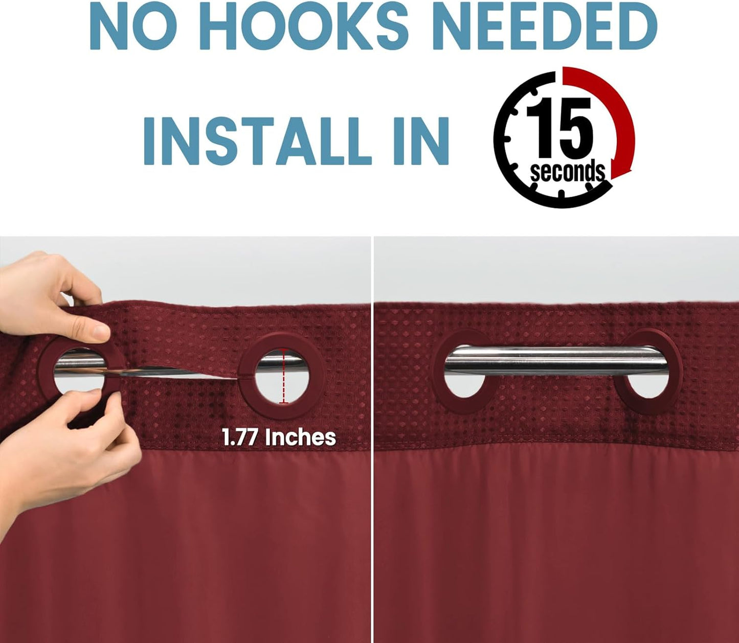 Burgundy Long No Hook Shower Curtain with Snap in Liner,230GSM Waffle Weave Shower Curtains for Bathroom,71W x 86H