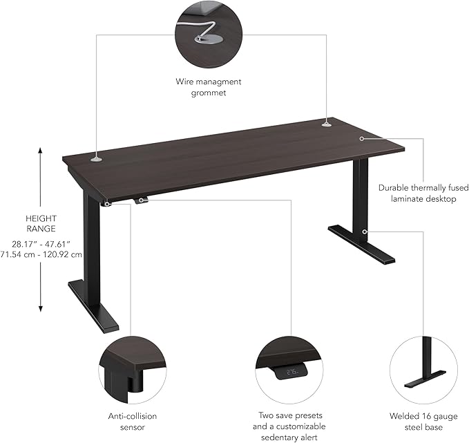 Bush Business Furniture Move 40 Series 72W x 30D Electric Height Adjustable Standing Desk in Storm Gray with Black Base, Ergonomic Sit-Stand Computer Table for Home and Professional Office