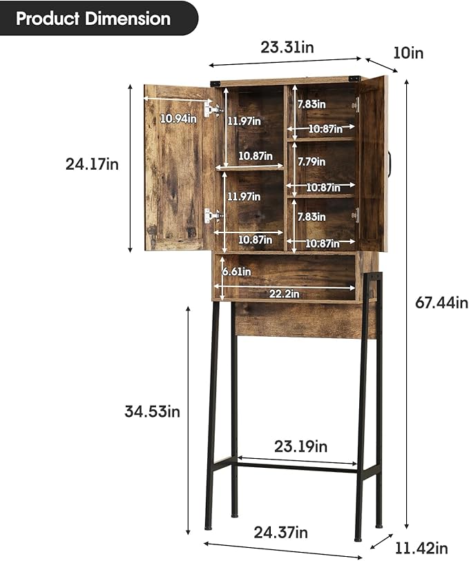 Over The Toilet Storage Cabinet with 2-Door Design Bathroom Organizers and Storage with Anti-Tip Device Over Toilet Organizer with Shelves for Bathroom,Restroom,Laundry Brown