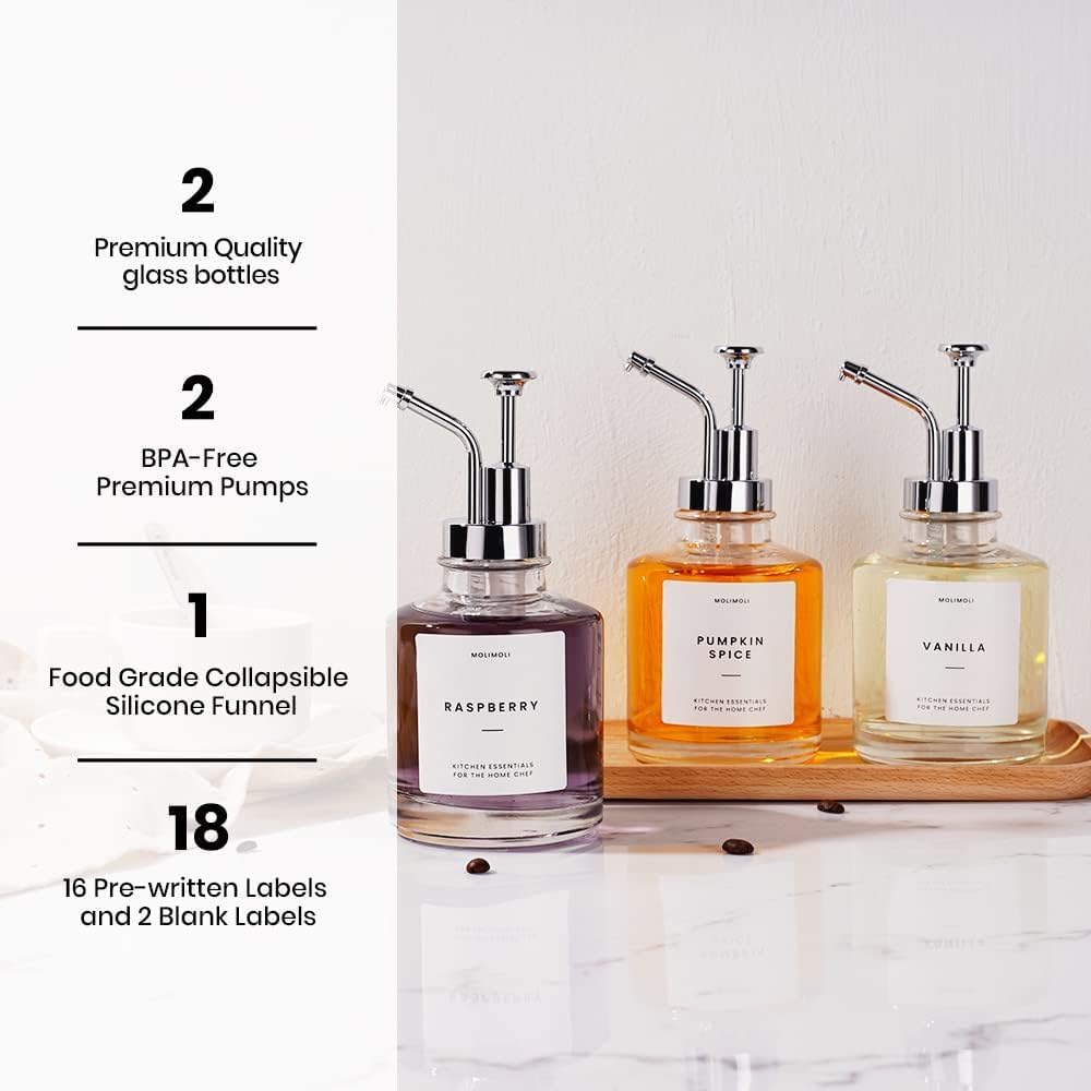 Molimoli (Upgraded Pump) Coffee Syrup Dispenser for Coffee Bar, Coffee Pump Dispenser, Glass Syrup Bottle w. Pump, 11.8 oz 350 ml, Set of 2, Silver