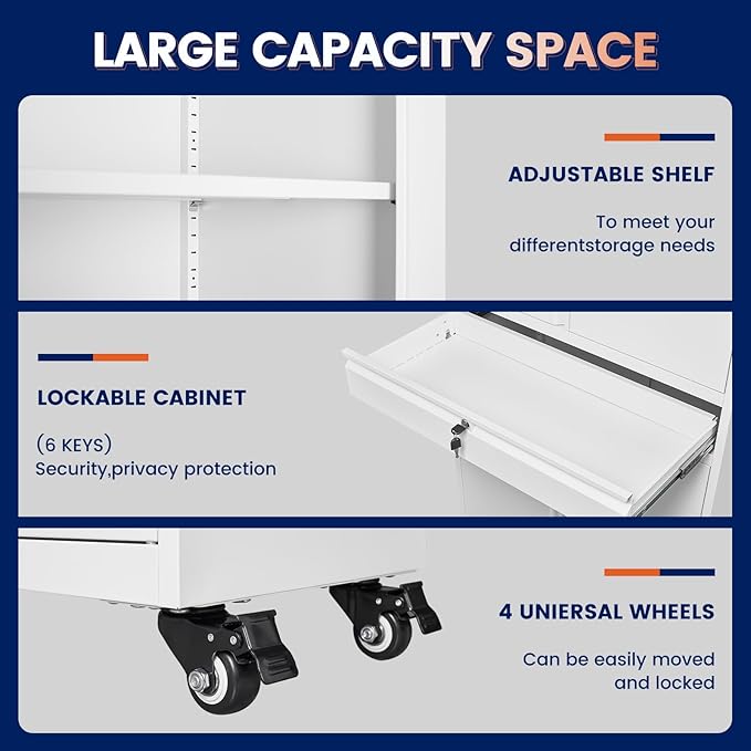 Yizosh Metal Garage Storage Cabinet with Locking Doors and Adjustable Shelves, 73" Rolling Tool Storage Cabinet with 4 Wheels and 1 Drawer for Garage,Warehouse