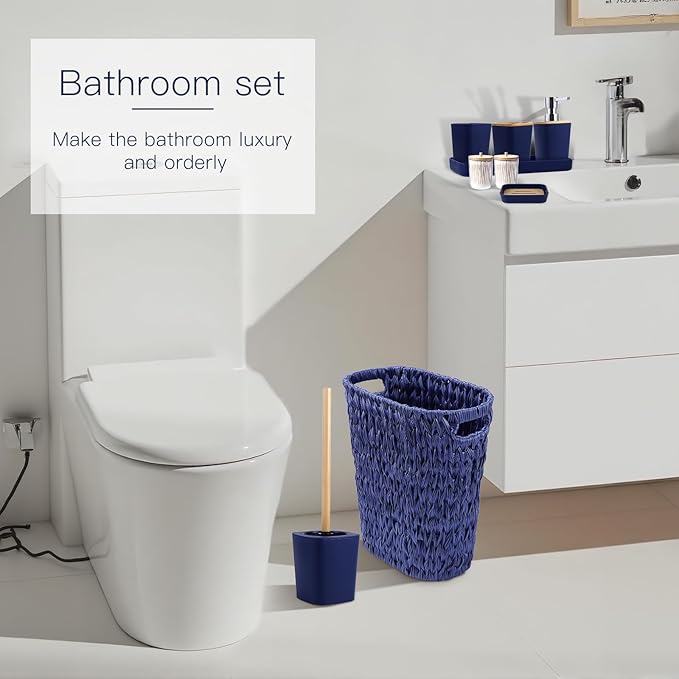 Navy Blue Bathroom Accessories Set with Wicker Trash Can, Navy Blue Bathroom Accessories Set Bathroom Sets Small Waste Basket Bathroom Trash Can for Bedroom Bathroom