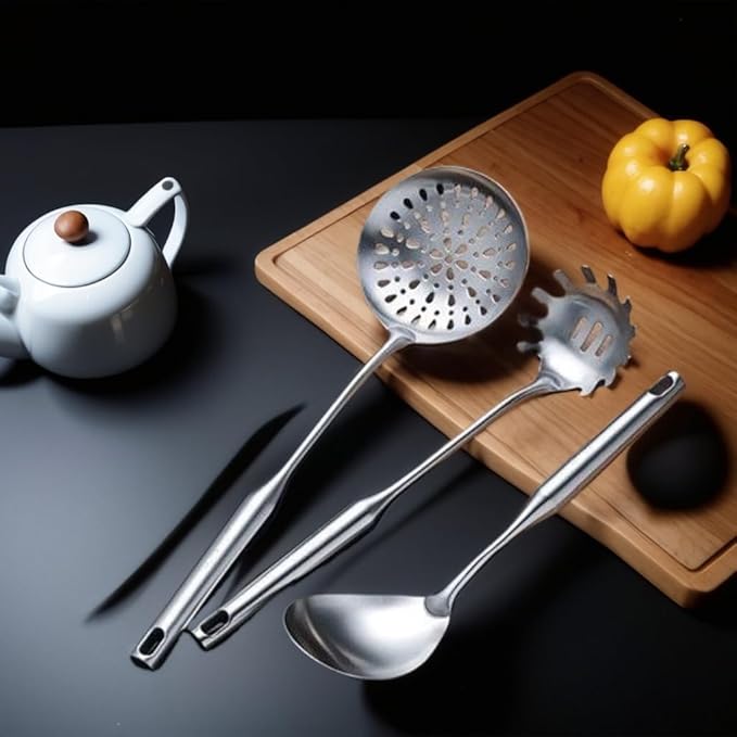 316 Stainless Steel Cooking Tool Set: saute pan spatula ladle, skimmer slotted, pasta, serving spoon, slotted spatula seasoner, dishwasher safe.